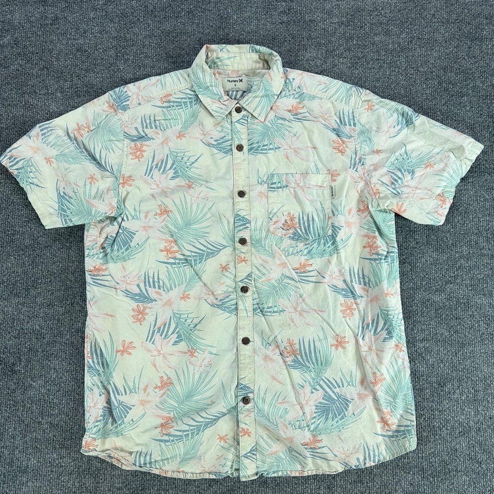 Hurley Mens Sm‎ Tropical Floral Palm Print Short Sleeve Button Down Shirt Cream